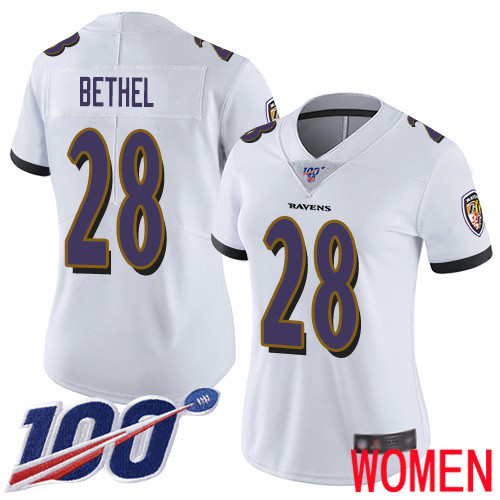 Baltimore Ravens Limited White Women Justin Bethel Road Jersey NFL Football #28 100th Season Vapor Untouchable